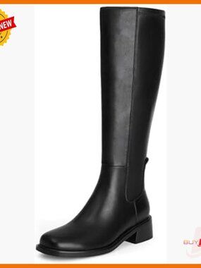 Knee High Boots Faux Leather Low Heel Square Toe Side Zipper Tall Boots